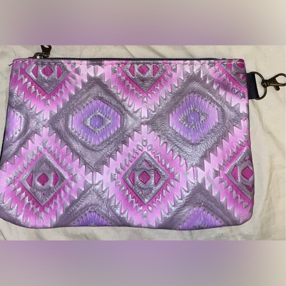 Handbags - Pink & Purple embossed leather, w/black leather clutch or makeup bag